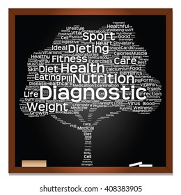 Vector concept or conceptual green blackboard text word cloud or tagcloud tree isolated background, metaphor to health, nutrition, diet, healthy, wellness, body, energy, medical, sport, heart, science