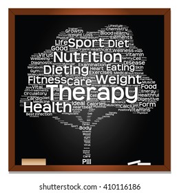 Vector concept or conceptual green blackboard text word cloud or tagcloud tree isolated background, metaphor to health, nutrition, diet, healthy, wellness, body, energy, medical, sport, heart, science