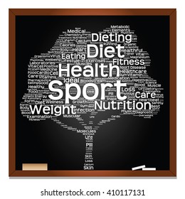 Concepto vectorial o pizarra de texto verde conceptual palabra nube o árbol tagcloud fondo aislado, metáfora a la salud, nutrición, dieta, salud, bienestar, cuerpo, energía, medicina, deporte, corazón, ciencia