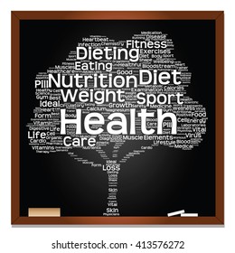 Vector concept or conceptual green blackboard text word cloud or tagcloud tree isolated background, metaphor to health, nutrition, diet, healthy, wellness, body, energy, medical, sport, heart, science