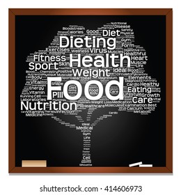 Vector concept or conceptual green blackboard text word cloud or tagcloud tree isolated background, metaphor to health, nutrition, diet, healthy, wellness, body, energy, medical, sport, heart, science