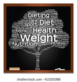 Vektorkonzept oder konzeptuell grüne Tafelwortwolke oder Tagcloudbaum, isolierter Hintergrund, Metapher für Gesundheit, Ernährung, Ernährung, Ernährung, Gesundheit, Wellness, Körper, Energie, Medizin, Sport, Herz, Wissenschaft