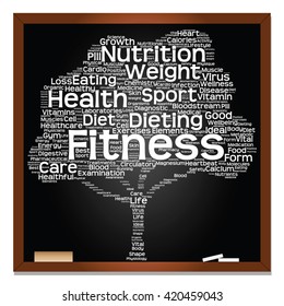 Vetor conceito ou conceitual verde blackboard texto palavra nuvem ou tagcloud árvore isolado fundo, metáfora para a saúde, nutrição, dieta, saudável, bem-estar, corpo, energia, médico, esporte, coração, ciência