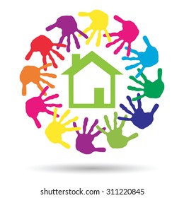 Concepto vectorial o casa verde conceptual o símbolo de construcción con círculo de huellas dactilares infantiles o humanas aisladas en fondo blanco, metáfora al medio ambiente, hogar, eco, ecología, paz, hogar energético