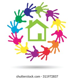 Vector concept or conceptual green house or building sign or symbol with child or human handprints circle isolated on white background, metaphor to environment, home, eco, ecology, peace, energy home