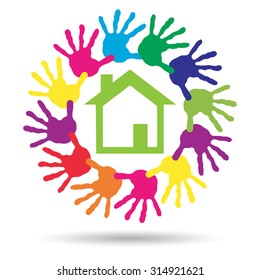 Vector concept or conceptual green house or building sign or symbol with child or human handprints circle isolated on white background, metaphor to environment, home, eco, ecology, peace, energy home