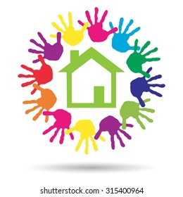 Concepto vectorial o casa verde conceptual o símbolo de construcción con círculo de huellas dactilares infantiles o humanas aisladas en fondo blanco, metáfora al medio ambiente, hogar, eco, ecología, paz, hogar energético