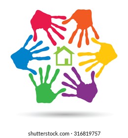 Concepto vectorial o casa verde conceptual o símbolo de construcción con círculo de huellas dactilares infantiles o humanas aisladas en fondo blanco, metáfora al medio ambiente, hogar, eco, ecología, paz, hogar energético