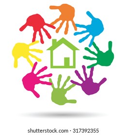 Vectorkonzept oder konzeptionelles grünes Haus oder Bauzeichen oder Symbol mit Kind- oder menschlichem Handdruckkreis einzeln auf weißem Hintergrund, Metapher für Umwelt, Haushalt, Ökologie, Umwelt, Frieden, Energiezuhause