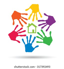 Concepto vectorial o casa verde conceptual o símbolo de construcción con círculo de huellas dactilares infantiles o humanas aisladas en fondo blanco, metáfora al medio ambiente, hogar, eco, ecología, paz, hogar energético
