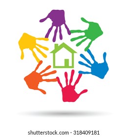Vector concept or conceptual green house or building sign or symbol with child or human handprints circle isolated on white background, metaphor to environment, home, eco, ecology, peace, energy home
