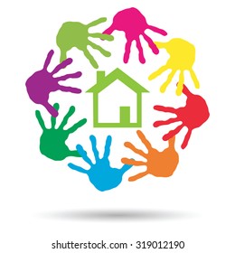 Vector concept or conceptual green house or building sign or symbol with child or human handprints circle isolated on white background, metaphor to environment, home, eco, ecology, peace, energy home