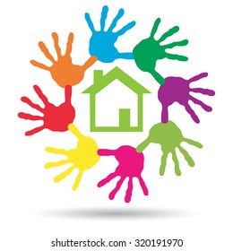 Vector concept or conceptual green house or building sign or symbol with child or human handprints circle isolated on white background, metaphor to environment, home, eco, ecology, peace, energy home