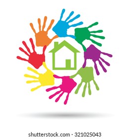 Concepto vectorial o casa verde conceptual o símbolo de construcción con círculo de huellas dactilares infantiles o humanas aisladas en fondo blanco, metáfora al medio ambiente, hogar, eco, ecología, paz, hogar energético