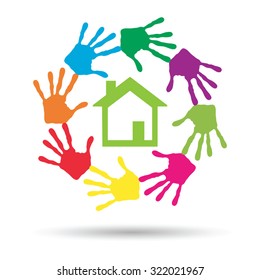 Vectorkonzept oder konzeptionelles grünes Haus oder Bauzeichen oder Symbol mit Kind- oder menschlichem Handdruckkreis einzeln auf weißem Hintergrund, Metapher für Umwelt, Haushalt, Ökologie, Umwelt, Frieden, Energiezuhause