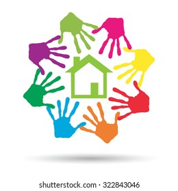 Vectorkonzept oder konzeptionelles grünes Haus oder Bauzeichen oder Symbol mit Kind- oder menschlichem Handdruckkreis einzeln auf weißem Hintergrund, Metapher für Umwelt, Haushalt, Ökologie, Umwelt, Frieden, Energiezuhause