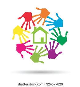 Vector concept or conceptual green house or building sign or symbol with child or human handprints circle isolated on white background, metaphor to environment, home, eco, ecology, peace, energy home