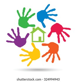 Concepto vectorial o casa verde conceptual o símbolo de construcción con círculo de huellas dactilares infantiles o humanas aisladas en fondo blanco, metáfora al medio ambiente, hogar, eco, ecología, paz, hogar energético