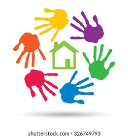 Vectorkonzept oder konzeptionelles grünes Haus oder Bauzeichen oder Symbol mit Kind- oder menschlichem Handdruckkreis einzeln auf weißem Hintergrund, Metapher für Umwelt, Haushalt, Ökologie, Umwelt, Frieden, Energiezuhause