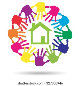Vector concept or conceptual green house or building sign or symbol with child or human handprints circle isolated on white background, metaphor to environment, home, eco, ecology, peace, energy home