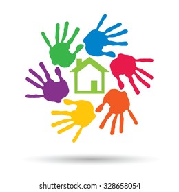 Vector concept or conceptual green house or building sign or symbol with child or human handprints circle isolated on white background, metaphor to environment, home, eco, ecology, peace, energy home