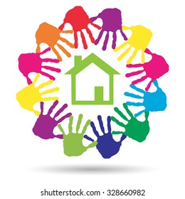 Concepto vectorial o casa verde conceptual o símbolo de construcción con círculo de huellas dactilares infantiles o humanas aisladas en fondo blanco, metáfora al medio ambiente, hogar, eco, ecología, paz, hogar energético