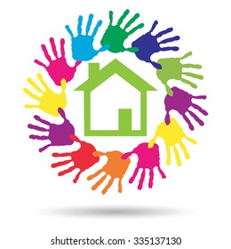 Vector concept or conceptual green house or building sign or symbol with child or human handprints circle isolated on white background, metaphor to environment, home, eco, ecology, peace, energy home