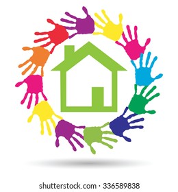 Vector concept or conceptual green house or building sign or symbol with child or human handprints circle isolated on white background, metaphor to environment, home, eco, ecology, peace, energy home