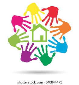 Concepto vectorial o casa verde conceptual o símbolo de construcción con círculo de huellas dactilares infantiles o humanas aisladas en fondo blanco, metáfora al medio ambiente, hogar, eco, ecología, paz, hogar energético