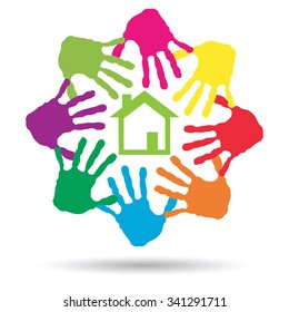 Vectorkonzept oder konzeptionelles grünes Haus oder Bauzeichen oder Symbol mit Kind- oder menschlichem Handdruckkreis einzeln auf weißem Hintergrund, Metapher für Umwelt, Haushalt, Ökologie, Umwelt, Frieden, Energiezuhause