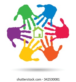 Vector concept or conceptual green house or building sign or symbol with child or human handprints circle isolated on white background, metaphor to environment, home, eco, ecology, peace, energy home