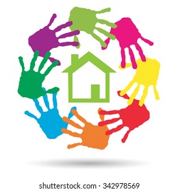 Vector concept or conceptual green house or building sign or symbol with child or human handprints circle isolated on white background, metaphor to environment, home, eco, ecology, peace, energy home