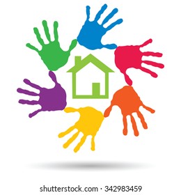 Vector concept or conceptual green house or building sign or symbol with child or human handprints circle isolated on white background, metaphor to environment, home, eco, ecology, peace, energy home