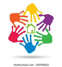 Concepto vectorial o casa verde conceptual o símbolo de construcción con círculo de huellas dactilares infantiles o humanas aisladas en fondo blanco, metáfora al medio ambiente, hogar, eco, ecología, paz, hogar energético