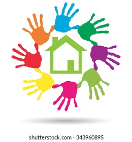 Vector concept or conceptual green house or building sign or symbol with child or human handprints circle isolated on white background, metaphor to environment, home, eco, ecology, peace, energy home