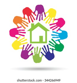 Concepto vectorial o casa verde conceptual o símbolo de construcción con círculo de huellas dactilares infantiles o humanas aisladas en fondo blanco, metáfora al medio ambiente, hogar, eco, ecología, paz, hogar energético