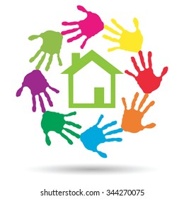 Vector concept or conceptual green house or building sign or symbol with child or human handprints circle isolated on white background, metaphor to environment, home, eco, ecology, peace, energy home