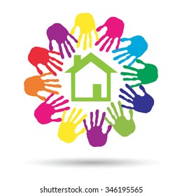 Conceito vetorial ou sinal ou símbolo conceitual de casa verde ou edifício com círculo de impressões manuais de criança ou humana isolado no fundo branco, metáfora para o ambiente, casa, eco, ecologia, paz, casa de energia