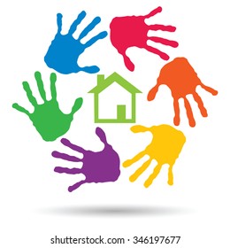 Concepto vectorial o casa verde conceptual o símbolo de construcción con círculo de huellas dactilares infantiles o humanas aisladas en fondo blanco, metáfora al medio ambiente, hogar, eco, ecología, paz, hogar energético