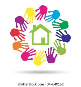 Concepto vectorial o casa verde conceptual o símbolo de construcción con círculo de huellas dactilares infantiles o humanas aisladas en fondo blanco, metáfora al medio ambiente, hogar, eco, ecología, paz, hogar energético