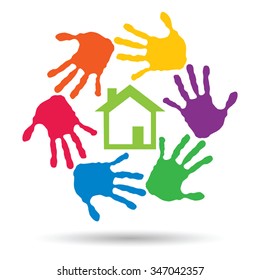 Vector concept or conceptual green house or building sign or symbol with child or human handprints circle isolated on white background, metaphor to environment, home, eco, ecology, peace, energy home