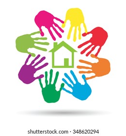 Vector concept or conceptual green house or building sign or symbol with child or human handprints circle isolated on white background, metaphor to environment, home, eco, ecology, peace, energy home