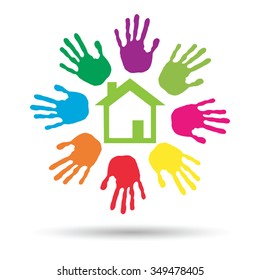 Concepto vectorial o casa verde conceptual o símbolo de construcción con círculo de huellas dactilares infantiles o humanas aisladas en fondo blanco, metáfora al medio ambiente, hogar, eco, ecología, paz, hogar energético