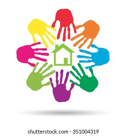 Concepto vectorial o casa verde conceptual o símbolo de construcción con círculo de huellas dactilares infantiles o humanas aisladas en fondo blanco, metáfora al medio ambiente, hogar, eco, ecología, paz, hogar energético