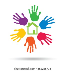 Vector concept or conceptual green house or building sign or symbol with child or human handprints circle isolated on white background, metaphor to environment, home, eco, ecology, peace, energy home