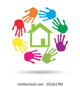 Vector concept or conceptual green house or building sign or symbol with child or human handprints circle isolated on white background, metaphor to environment, home, eco, ecology, peace, energy home