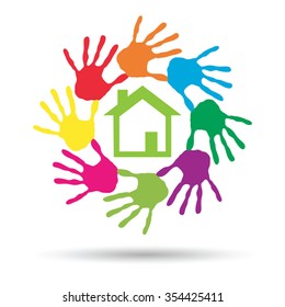 Vector concept or conceptual green house or building sign or symbol with child or human handprints circle isolated on white background, metaphor to environment, home, eco, ecology, peace, energy home