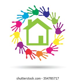 Vector concept or conceptual green house or building sign or symbol with child or human handprints circle isolated on white background, metaphor to environment, home, eco, ecology, peace, energy home