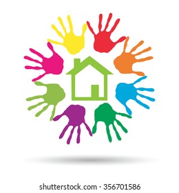 Vector concept or conceptual green house or building sign or symbol with child or human handprints circle isolated on white background, metaphor to environment, home, eco, ecology, peace, energy home