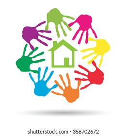 Vector concept or conceptual green house or building sign or symbol with child or human handprints circle isolated on white background, metaphor to environment, home, eco, ecology, peace, energy home